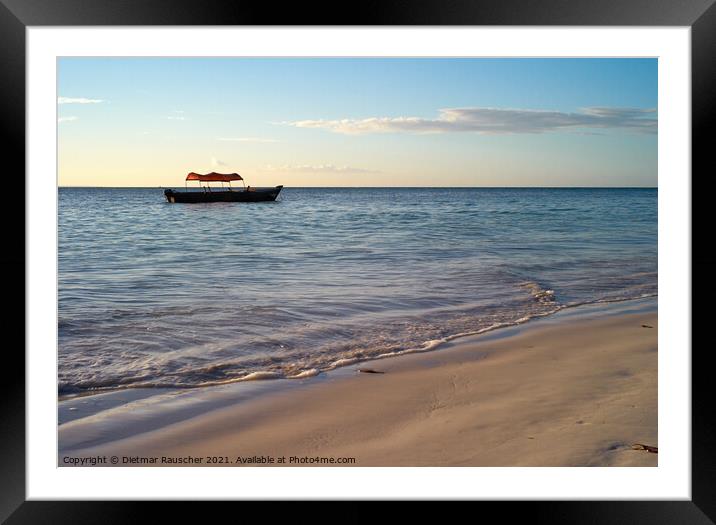 Beautiful Beach with Small Fishing Boat at Michamvi Beach, Zanzibar Framed Mounted Print by Dietmar Rauscher