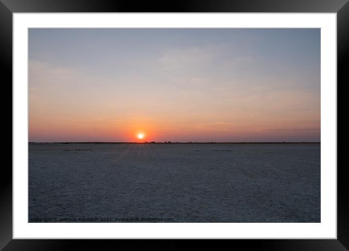 Sun Setting in Makgadikgadi Salt Pan - Empty Flat Plain and Hori Framed Mounted Print by Dietmar Rauscher