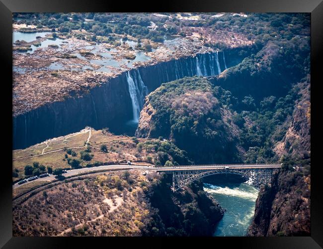 Victoria Falls Aerial with Bridge over the Zambezi River Framed Print by Dietmar Rauscher