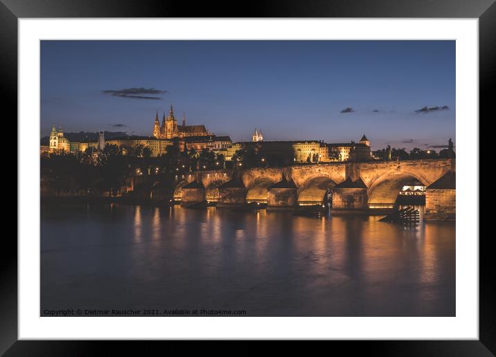 Prague Cityscape at Night with Saint Vitus Cathedral and Charles Framed Mounted Print by Dietmar Rauscher