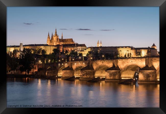 Charles Bridge in Prague at Night and  St Vitus Cathedral Framed Print by Dietmar Rauscher