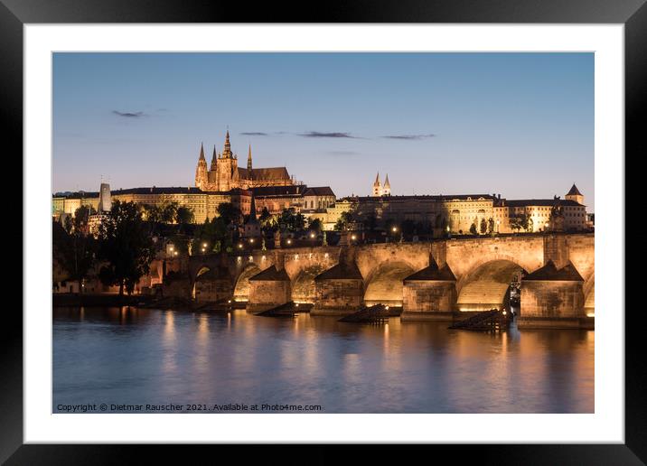 Charles Bridge in Prague at Night and  St Vitus Cathedral Framed Mounted Print by Dietmar Rauscher