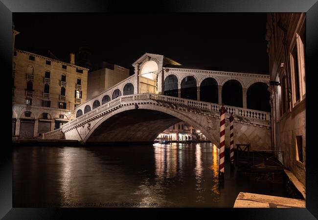 Rialto Bridge in Venice, Italy at Night Framed Print by Dietmar Rauscher
