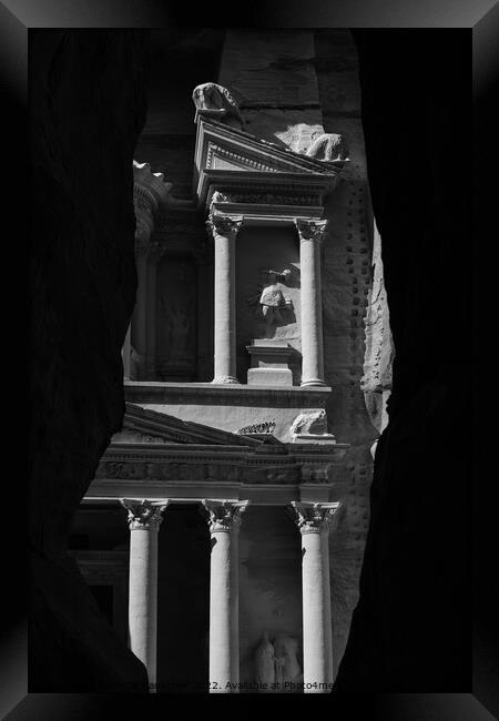 Treasury or Khazne al-Firaun Detail in Petra in Black and White Framed Print by Dietmar Rauscher