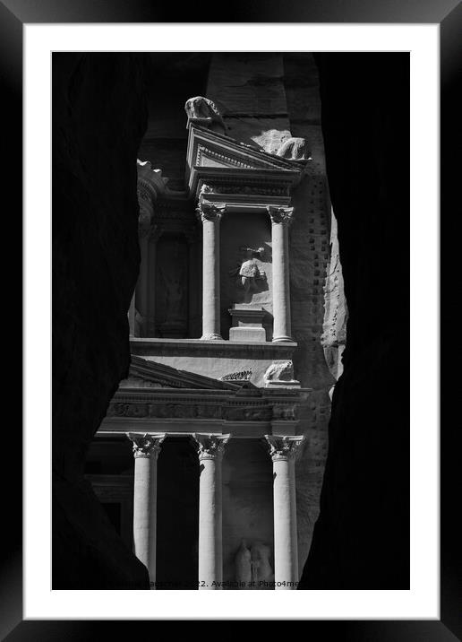 Treasury or Khazne al-Firaun Detail in Petra in Black and White Framed Mounted Print by Dietmar Rauscher