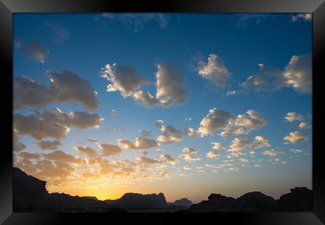 Blue and Yellow Evening Sky in Wadi Rum, Jordan Framed Print by Dietmar Rauscher