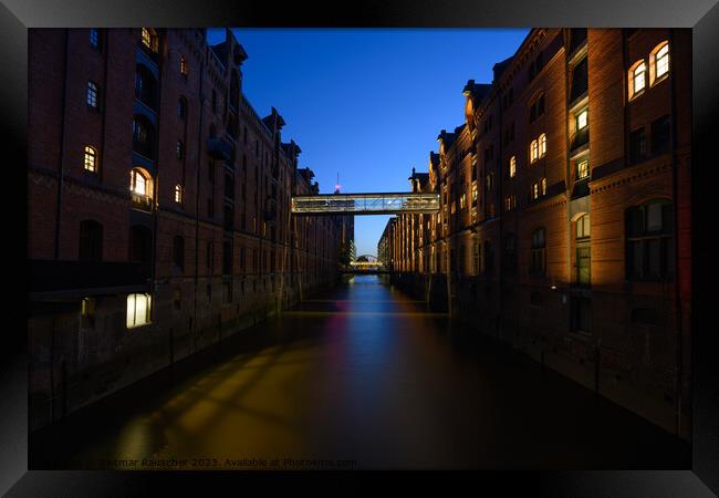 Hamburg Speicherstadt Warehouse District in the Evening Framed Print by Dietmar Rauscher