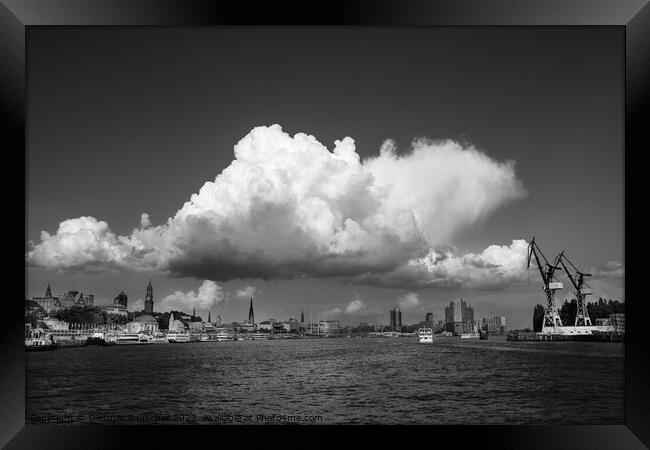 Hamburg Black andWhite Cityscape with Elbe River Framed Print by Dietmar Rauscher