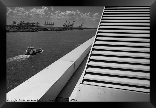 River Elbe, Dockland Building, Cranes and Ferry Boat in Hamburg Framed Print by Dietmar Rauscher