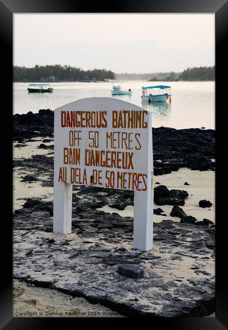 Dangerous Bathing Sign at Blue Bay, Mauritius Framed Print by Dietmar Rauscher