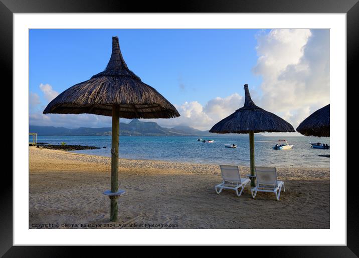 Beach and Palm Trees on Preskil Island, Mauritius in the Morning Framed Mounted Print by Dietmar Rauscher