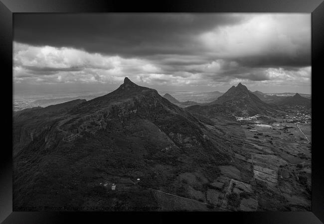Mauritius Aerial Le Pouce Mountain Peak Black and White Landscap Framed Print by Dietmar Rauscher