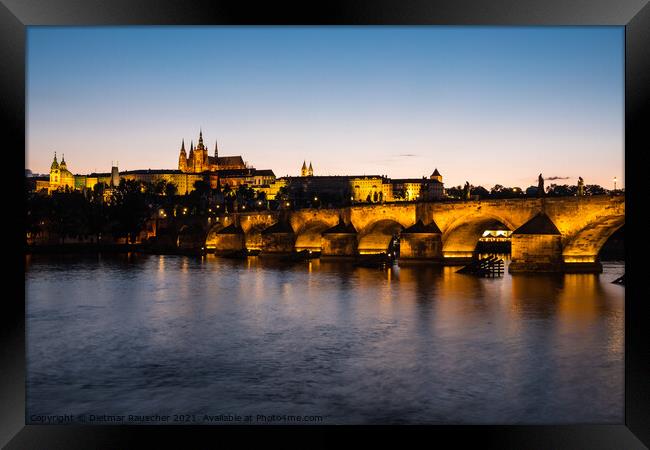 Charles Bridge in Prague at Night,  Saint Vitus Cathedral at Dus Framed Print by Dietmar Rauscher