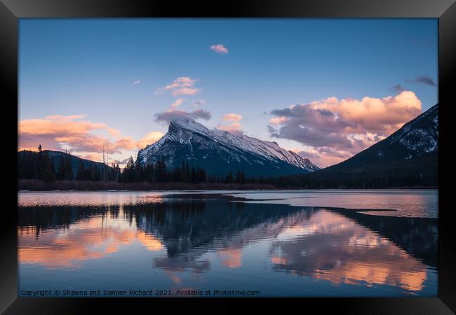 Mount Rundle reflected in Vermillion Lakes Framed Print by Shawna and Damien Richard