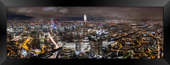 London City Skyline at Night Aerial Framed Print by Sonny Ryse