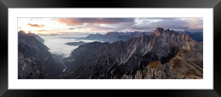 Cadini Peaks Tre Cime di Lavaredo Dolomites Italy aerial at sunr Framed Mounted Print by Sonny Ryse