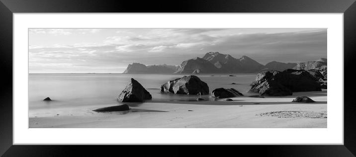 Myrland beach Midnight sun black and white lofoten islands Framed Mounted Print by Sonny Ryse