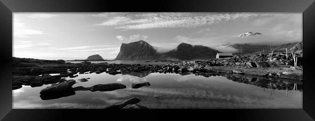 Veggen and Mannen Mountains Vestvagoya Lofoten Islands black and Framed Print by Sonny Ryse