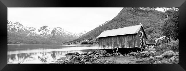 Wonky Norwegian Hut Sorfjorden Fjord Troms Norway Black and whit Framed Print by Sonny Ryse