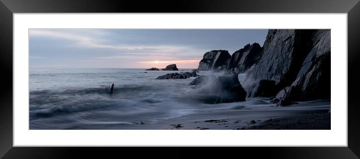 ayrmer-cove-south-hams-devon-coast-beach-sunset-waves-panorama Framed Mounted Print by Sonny Ryse