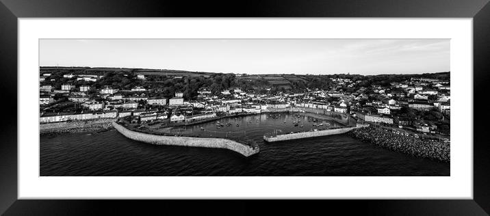 Mousehole Fishing Village Harbour Aerial black and white 2 Framed Mounted Print by Sonny Ryse