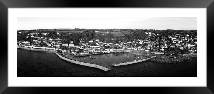 Mousehole Fishing Village Harbour Aerial black and white Framed Mounted Print by Sonny Ryse