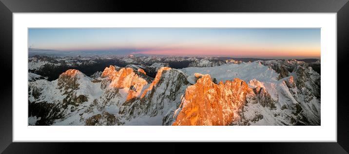 Belvedere Segantini Punta Rolle Aerial Passo Rolle at sunset in Winter Dolomites Italy Framed Mounted Print by Sonny Ryse
