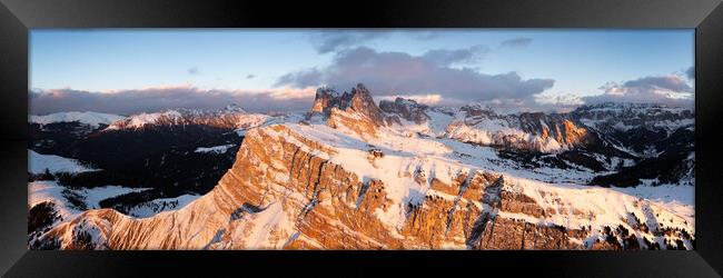 Seceda Alm Ridgeline aerial at sunset in Winter Dolomites Italy Framed Print by Sonny Ryse