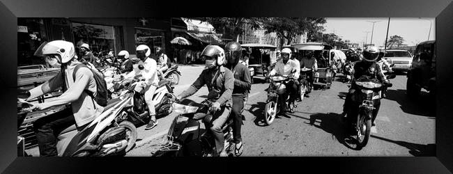 Siem Reap cambodia street motorbikes b&W 2 Framed Print by Sonny Ryse