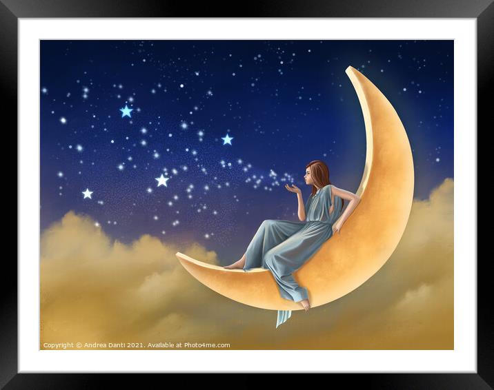 Girl sitting on the moon Framed Mounted Print by Andrea Danti