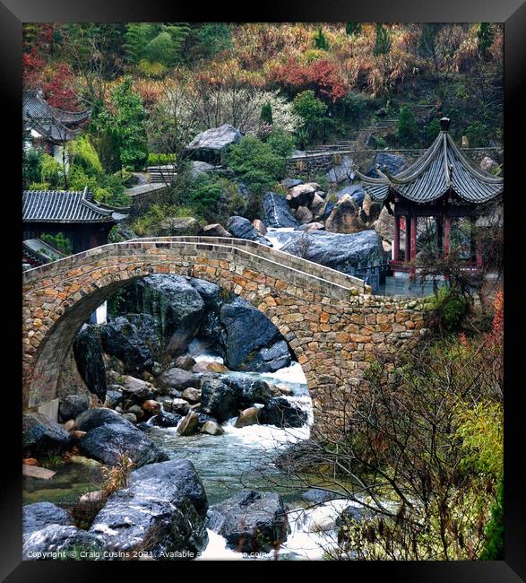 Old stone Chinese bridge; Huangshan, Yellow Mountain, Anhui China  Framed Print by Wall Art by Craig Cusins
