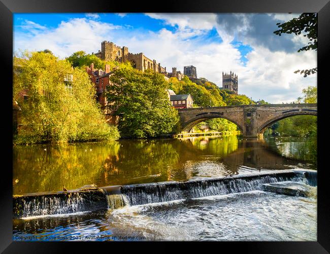 Durham Cathedral and Weir  Framed Print by June Ross