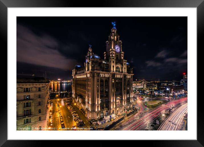 Dramatic shot of the Royal Liver Building and the Liverpool skyl Framed Mounted Print by Paul Hanley