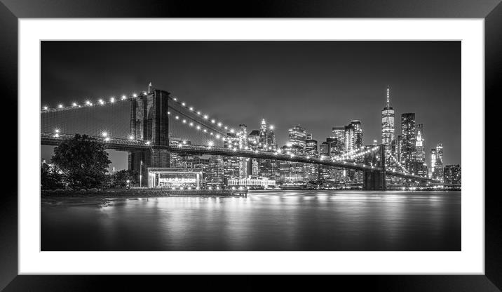 Brooklyn Bridge and Lower Manhattan at night Framed Mounted Print by Alan Le Bon
