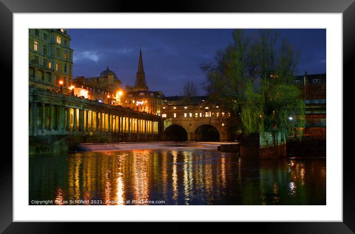 A Night of Reflections on Pulteney Bridge Framed Mounted Print by Les Schofield