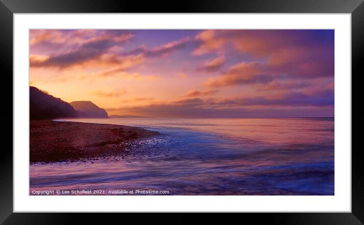 Serene Sunrise at Charmouth Beach Framed Mounted Print by Les Schofield