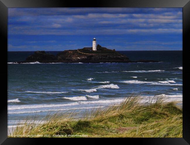 Carbis bay Lighthouse Cornwall  Framed Print by Les Schofield