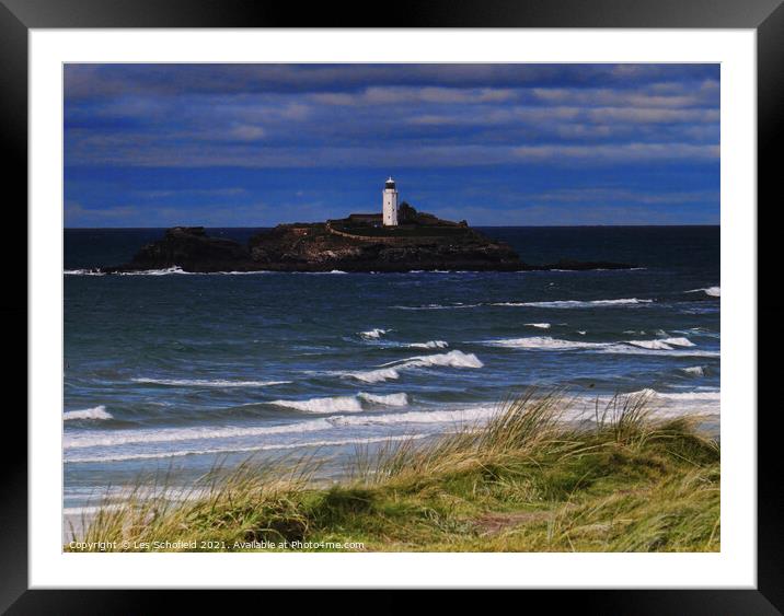 Carbis bay Lighthouse Cornwall  Framed Mounted Print by Les Schofield