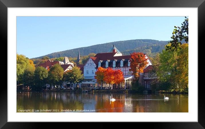 Autumn lake and swans Framed Mounted Print by Les Schofield