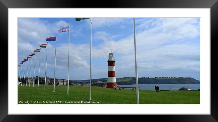 Plymouth Hoe  lighthouse and flags Framed Mounted Print by Les Schofield