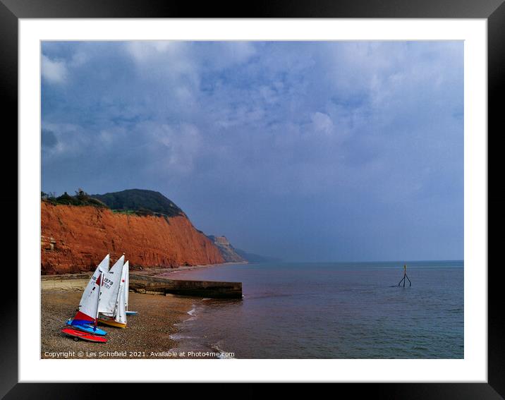 Sidmouth  Red Cliffs and Boats Framed Mounted Print by Les Schofield