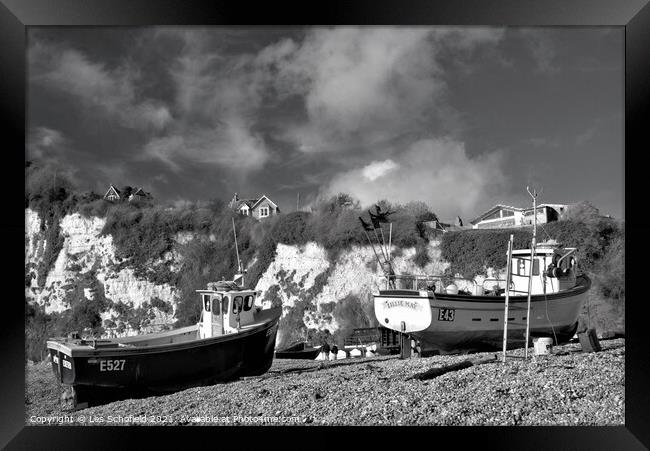 Black and white fishing boats at Beer in Devon Framed Print by Les Schofield