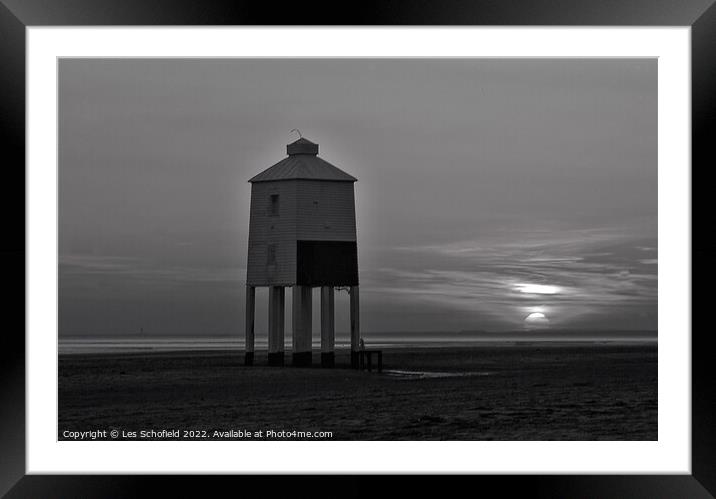 Burnham Lighthouse  Black white Framed Mounted Print by Les Schofield