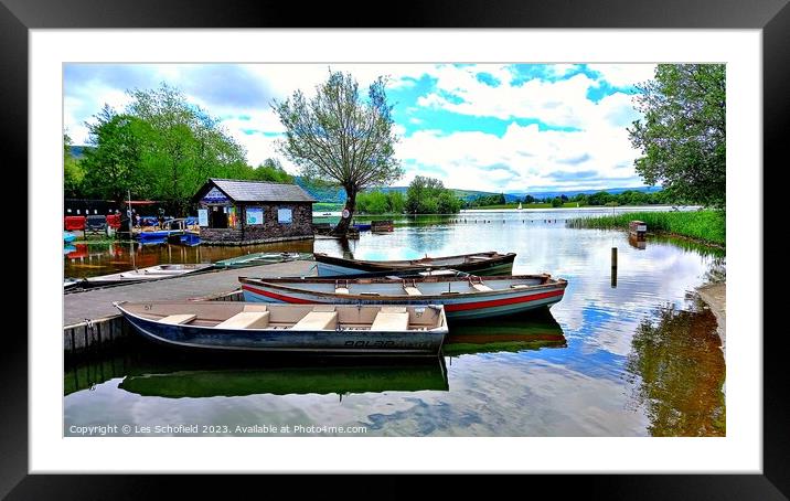 Boats at llangores lake Brecon Wales  Framed Mounted Print by Les Schofield