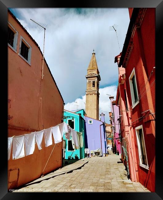 The Enchanting Leaning Tower of Burano Framed Print by Les Schofield