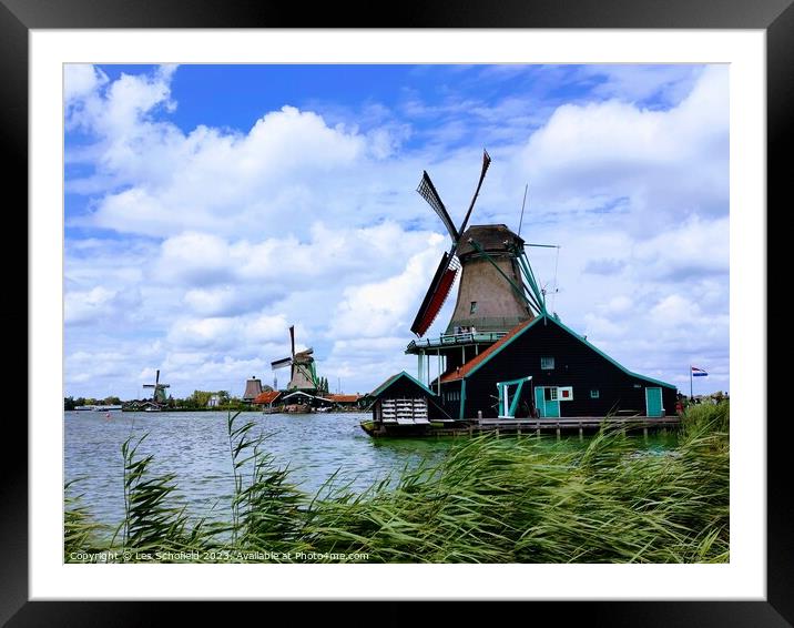 Windmill in zaanse Holland  Framed Mounted Print by Les Schofield