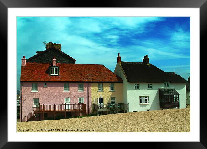 West Bay Cottages on the Beach Framed Mounted Print by Les Schofield