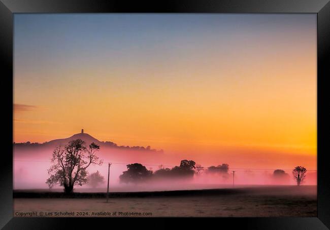 Glastonbury Tor Misty Sunrise Framed Print by Les Schofield