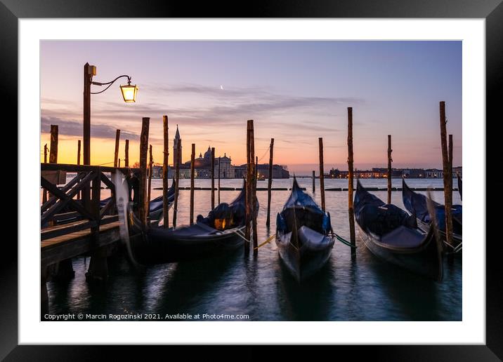 Gondolas at dawn in Venice  Framed Mounted Print by Marcin Rogozinski