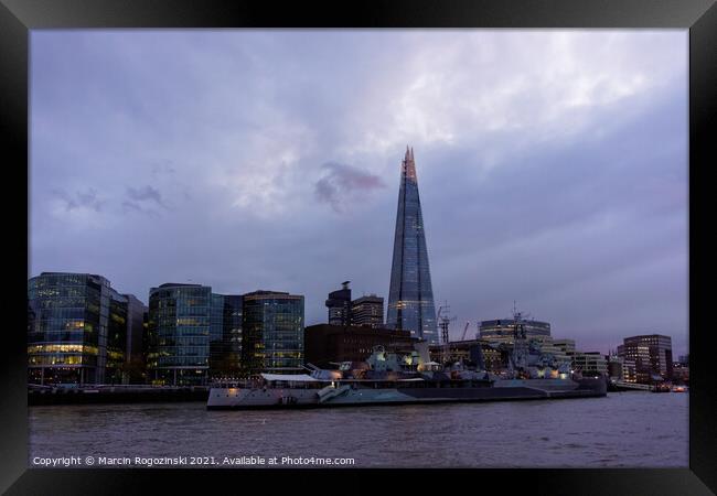 The Shard skyscraper on South Bank of River Thames at dusk in London Framed Print by Marcin Rogozinski